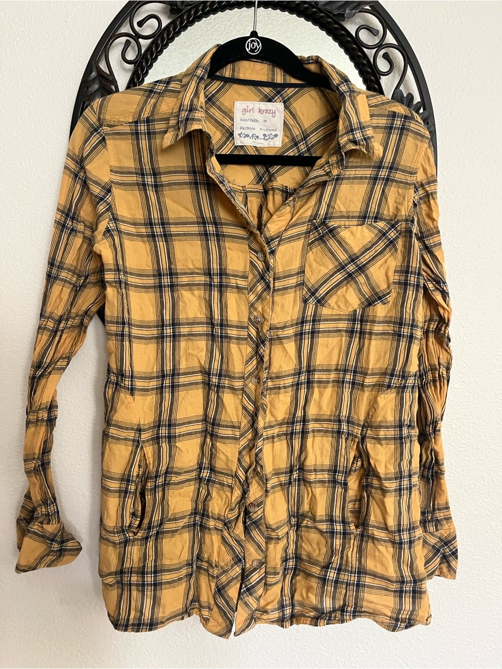 girl krazy Mustard Yellow and Black Plaid Button-Down Shirt